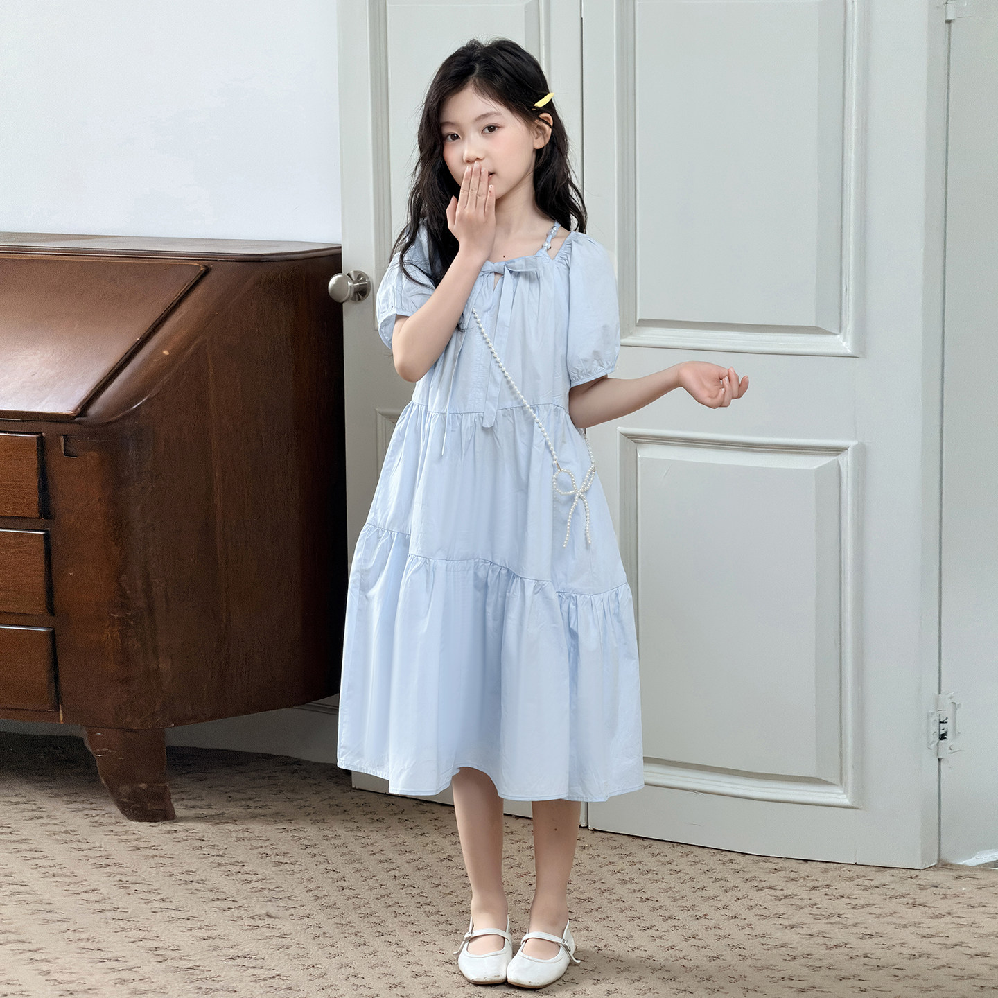 女童连衣裙夏季薄款2026新款洋气蓝色儿童裙子女孩棉布裙短袖大童