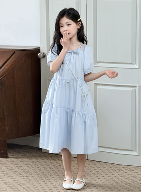 女童连衣裙夏季薄款2026新款洋气蓝色儿童裙子女孩短袖宽松中大童