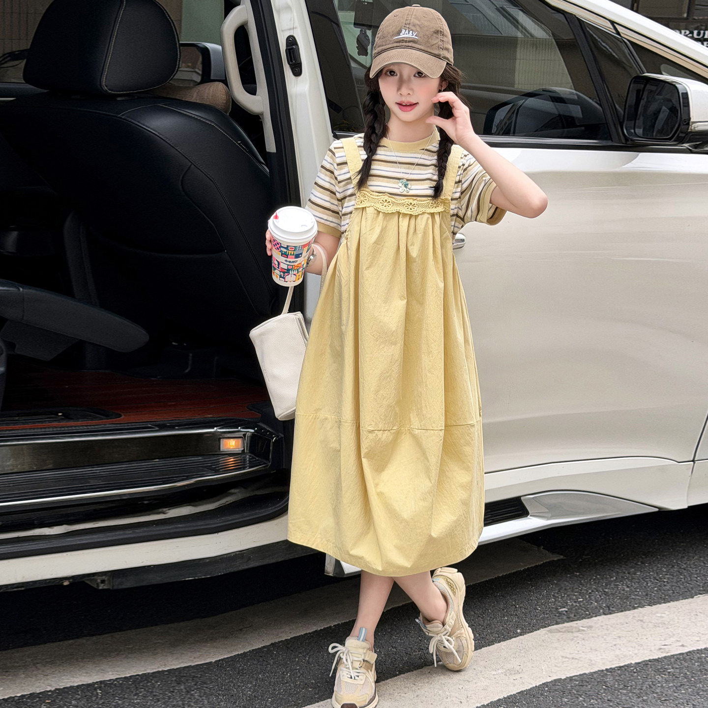 女童夏套装2026新款儿童条纹短袖T恤吊带裙女孩夏季两件套中大童