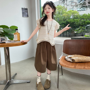 女童夏季套装2025新款洋气时髦夏装中大儿童短袖t恤7分裤裙两件套