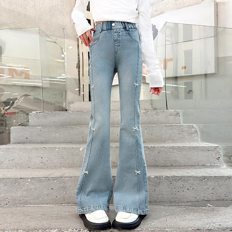 女童牛仔裤秋季儿童裤子2025新款女孩微喇叭裤浅色秋冬季加厚加绒