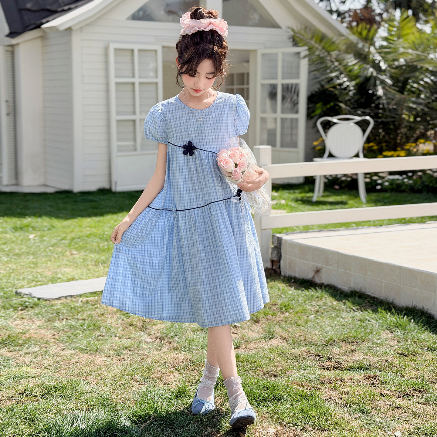 女童连衣裙夏季薄款2026新款夏装儿童裙子女孩短袖格子棉布裙大童