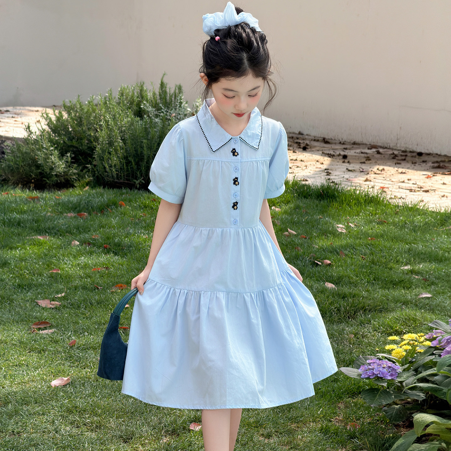 女童连衣裙夏季薄2026新款纯棉儿童裙子女孩短袖衬衫领连身裙蓝色