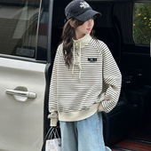 春季 儿童立领上衣女孩条纹打底衫 宽松中大童 2026新款 女童卫衣春装