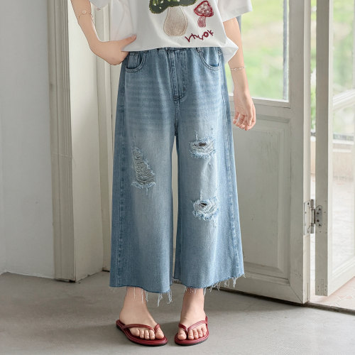 女童破洞牛仔裤夏季薄款儿童裤子女孩中裤大童七分阔腿裤2026新款