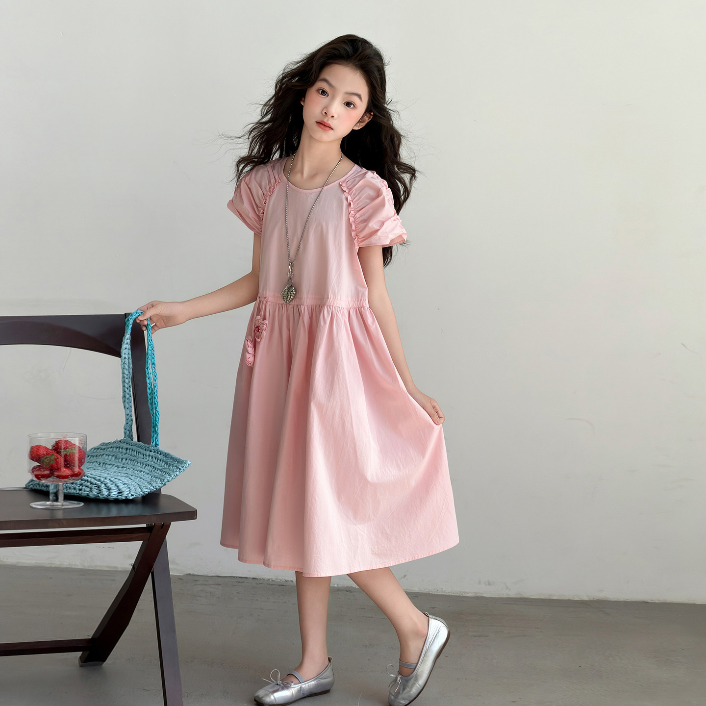 女童连衣裙夏季薄款儿童裙子女孩泡泡短袖粉色连身裙棉布2026新款