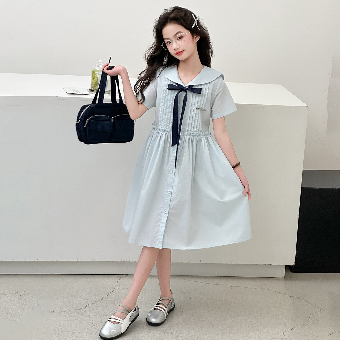 女童连衣裙夏季薄款儿童裙子女孩连身裙短袖衬衫裙学院风2026新款