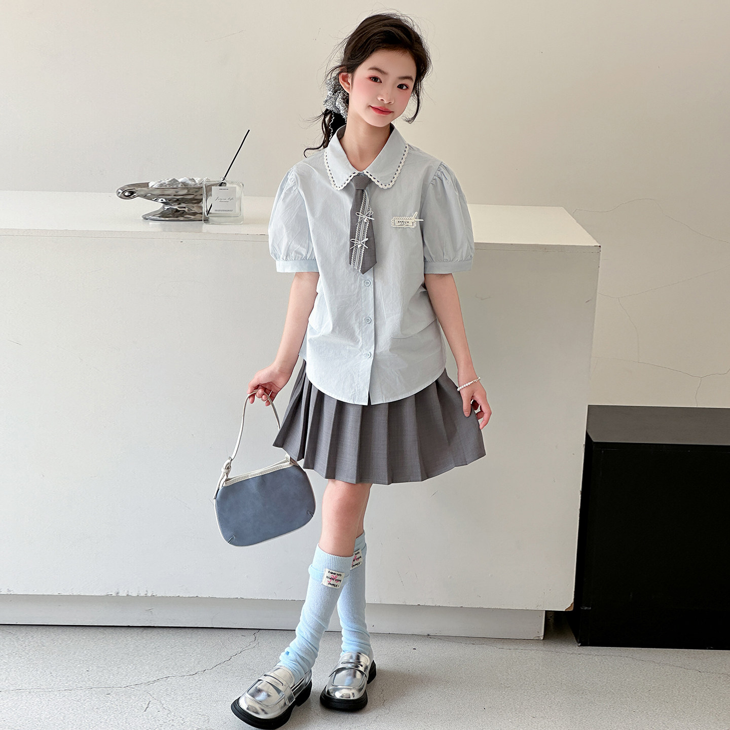 女童套装夏季2026新款女孩短袖衬衫百褶裙子两件套JK学院风中大童