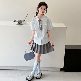 女童套装夏季2026新款女孩短袖衬衫百褶裙子两件套JK学院风中大童