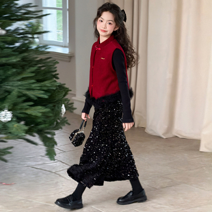 儿童红色套装女童超好看冬装裙子2025新款小女孩洋气穿搭喜庆年服