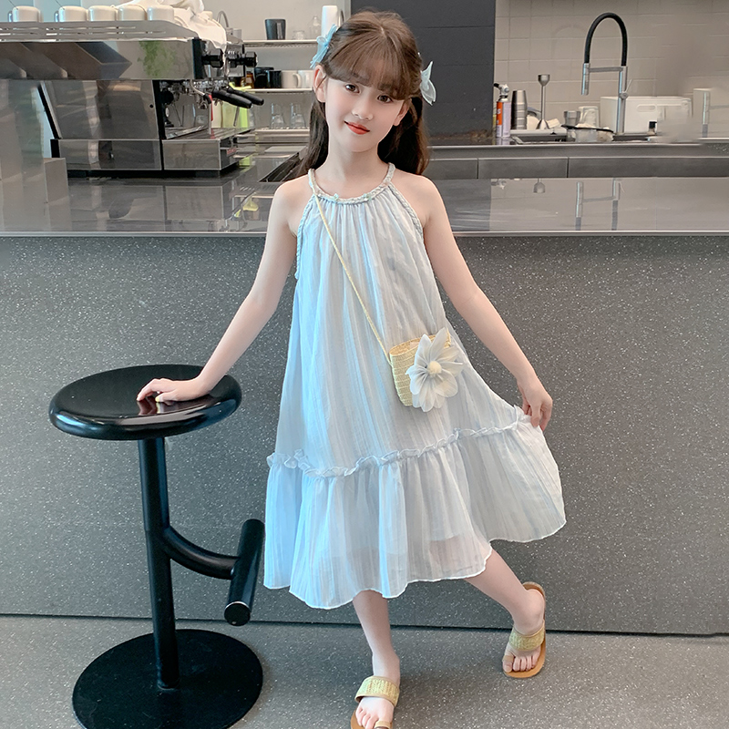 女童夏连衣裙2025新款洋气夏季薄款女孩无袖挂脖蓝色吊带儿童裙子