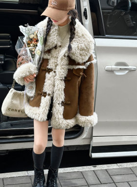 女童加绒外套2026新款秋冬季加厚洋气女孩皮毛一体上衣儿童仿皮草