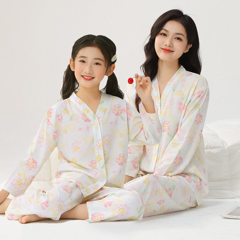 儿童棉绸亲子装绵绸睡衣套装男童小女孩父子母女青少年家居空调服