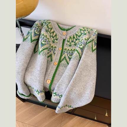 费尔岛针织开衫毛衣外套女秋冬加厚小个子宽松软糯慵懒高级感上衣