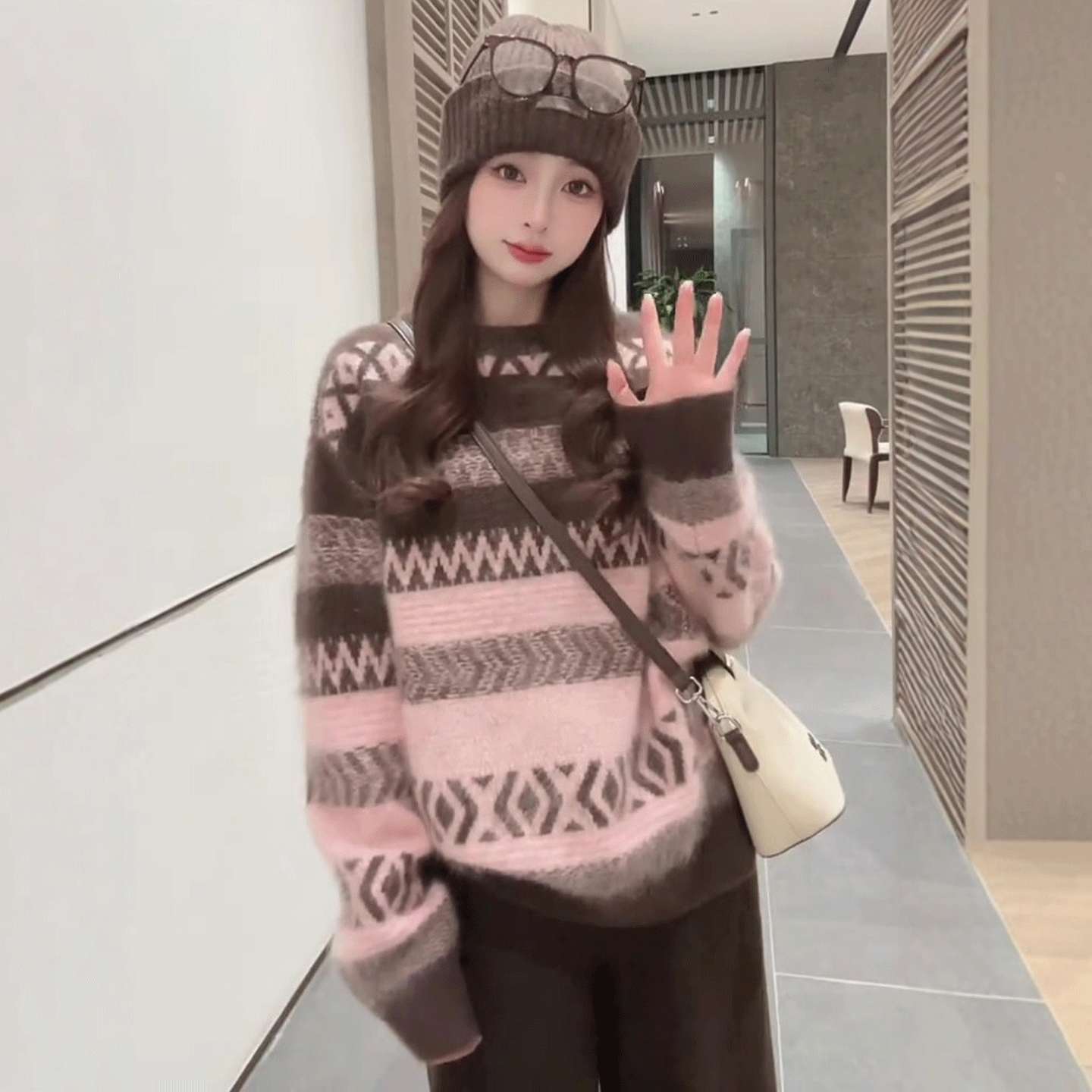 费尔岛毛衣女针织衫厚款2025新款菱格慵懒高级感超好看上衣女冬季