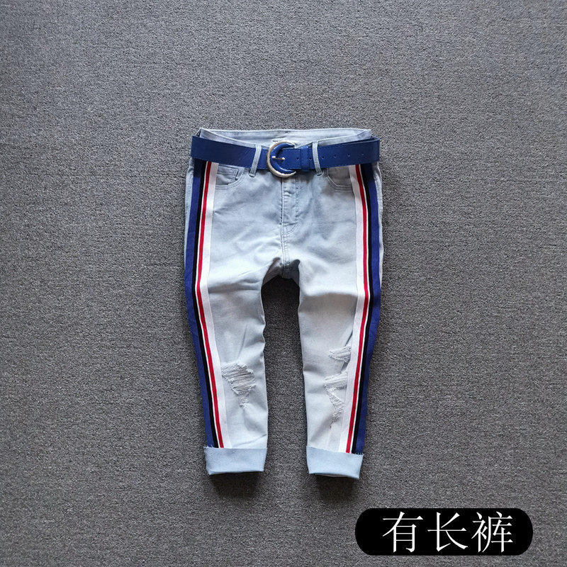 牛仔七分裤女夏薄款翻边侧条纹潮