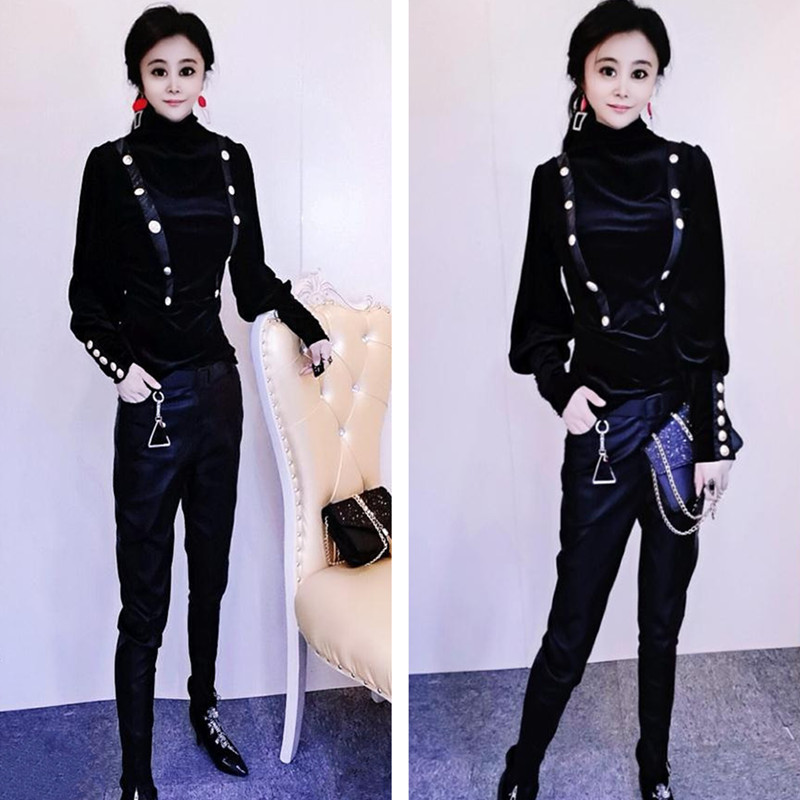 时尚丝绒皮哈伦小脚裤两件套套装