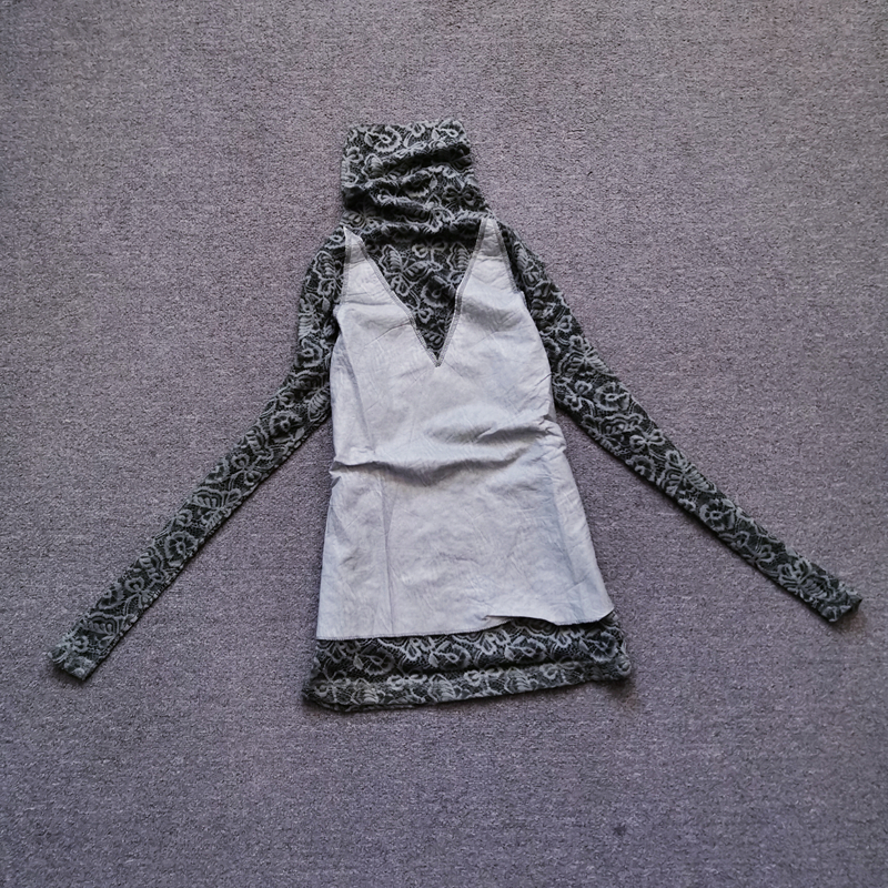 欧货2023春秋新款时尚百搭修身显瘦高领蕾丝拼皮小衫T恤洋气 女装