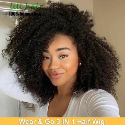 10A  Afro Kinky Curly Human Hair Wear And Go 3 In 1 Half Wig