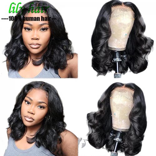 10A Body Wave Peruvian Human Hair Lace Closure Short Bob Wig