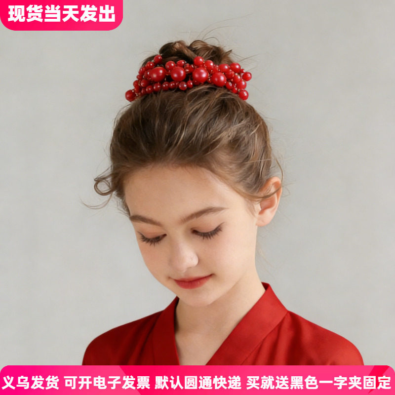 女童公主红色丸子头发箍演出
