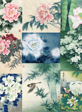 P362高清工笔画国画牡丹荷花鸟传统美术设计临摹印刷电子图片素材