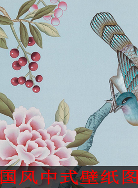 P73室内装修新中式手绘花鸟图案壁纸墙纸贴图软装饰设计参考素材