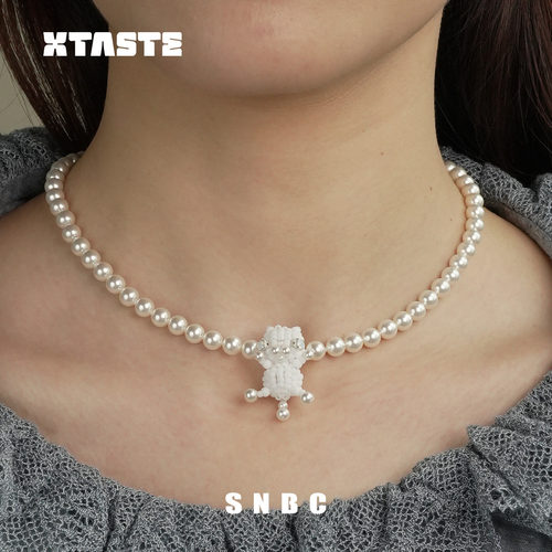 XTASTE SNBC【瓷白猫咪珍珠项链】米珠编织 甜妹小众锁骨链配饰