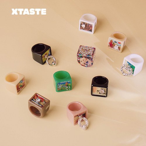 XTASTE TysGrocery 旧盒子印花树脂方形戒指穿搭个性时尚潮流创意