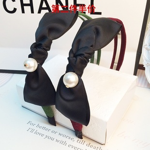 包邮 韩版时尚黑蝴蝶结带珍珠发箍质量超好  气质发卡韩版发饰