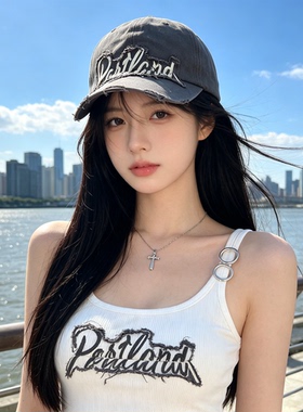 2026夏新美式复古做旧破洞棒球帽女Portland刺绣软顶鸭舌帽显脸小