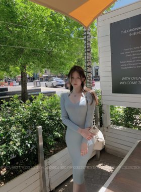 ke7en可人 韩国欲感 du家色针织挂脖修身女包臀性感连衣裙中长裙