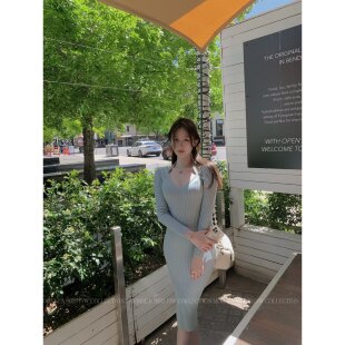 显瘦中长裙子 du家色针织挂脖连衣裙女包臀修身 ke7en 韩国欲感