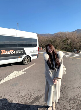 ke7en 雪后初霁 狐狸毛领高支数双面拼色加厚羊毛毛呢系带大衣