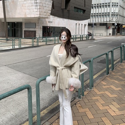 ke7en韩国的米杏色狐狸毛翻领中长款系带大衣
