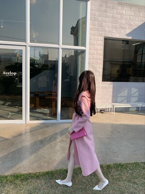 ke7en 天生好气血美女感 山羊绒双面呢大衣翻领系带收腰毛呢外套