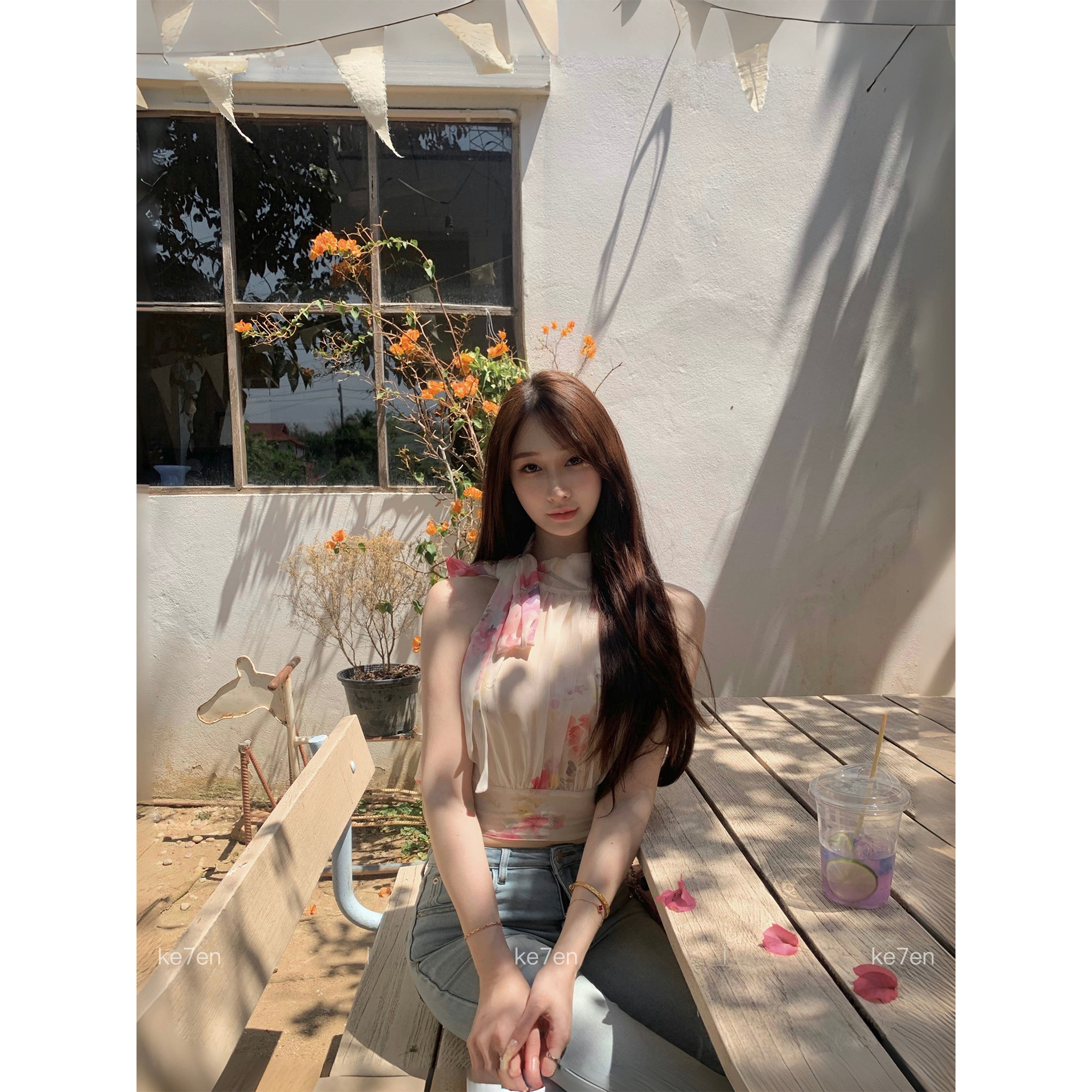 ke7en 挂脖碎花上衣女法式修身显瘦设计感系带短款衬衣无袖衬衫