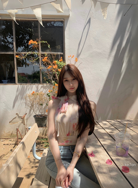 ke7en 挂脖碎花上衣女法式修身显瘦设计感系带短款衬衣无袖衬衫