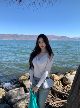 ke7en 长袖版bm交叉胸线纯欲风修身羊毛针织衫女气质百搭v领上衣