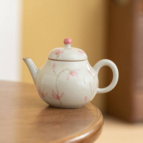 冰台手绘粉玉兰茶壶茶杯功夫茶具小套装茶事包陶瓷釉下彩梨壶新中