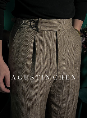 Agustin_Chen 英式粗纺【50%羊毛】高腰那不勒斯粗花呢人字纹西裤
