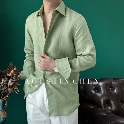 休闲意式绅装亚麻透气温莎领衬衫