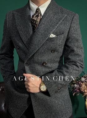 Agustin_Chen秋冬加厚500克重羊毛人字纹戗驳领双排扣英伦西装