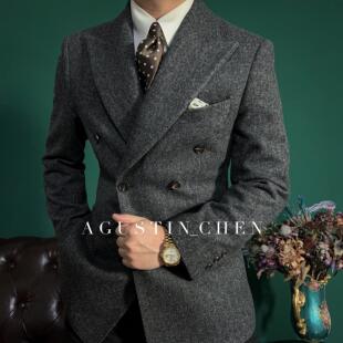 Agustin_Chen秋冬加厚500克重羊毛人字纹戗驳领双排扣英伦西装
