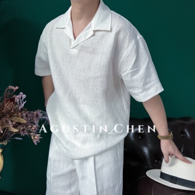 【100%亚麻】短袖男士套头衬衫