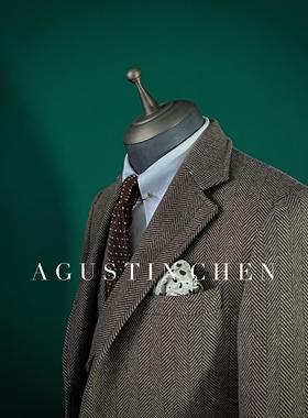 Agustin_Chen秋冬加厚粗纺人字纹羊毛西装【单西】平驳领修身西服