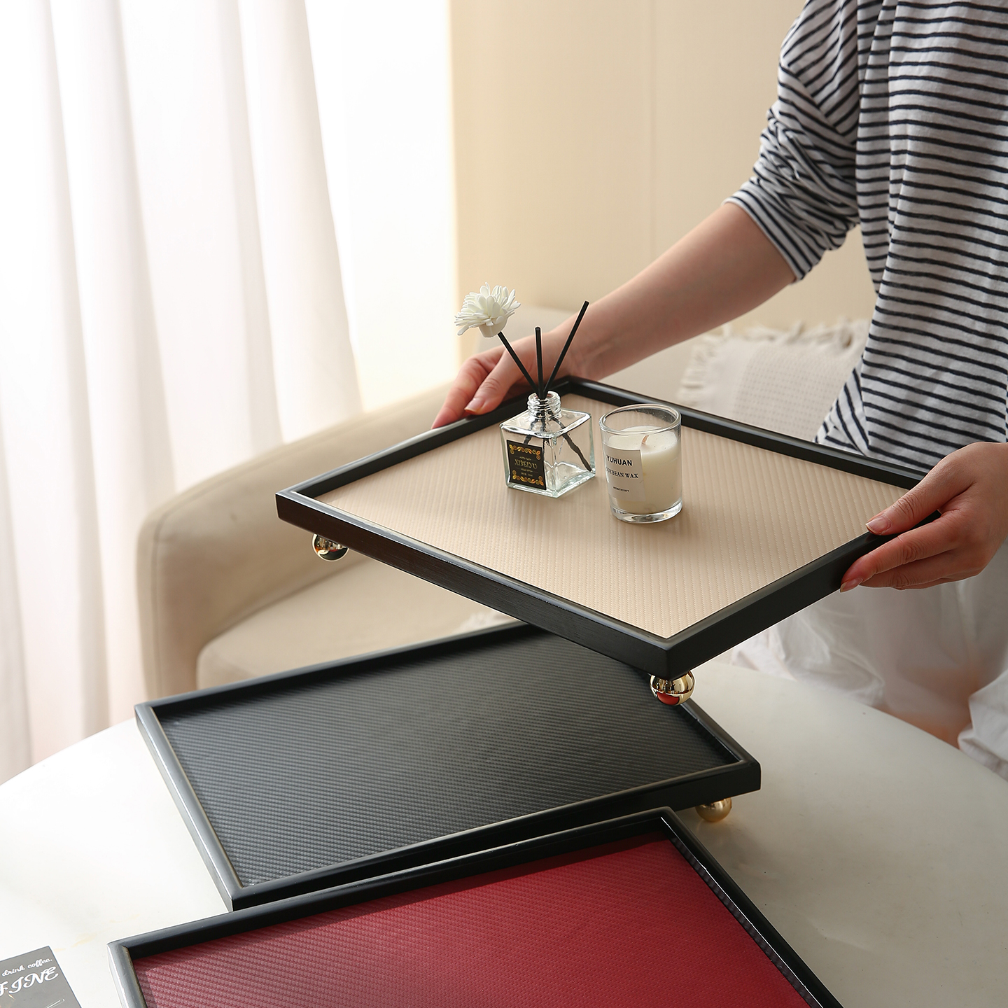 天工皮革香薰托盘木质高级感