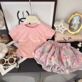 套装 洋气两件套装 2025新款 宝宝花苞短裤 后背蝴蝶结T恤短袖 童夏季
