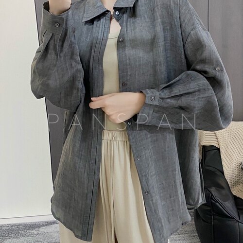 PANS25新款55苎麻45天丝长袖防晒衣宽松大码衬衣抗皱门襟扣伴卷袖