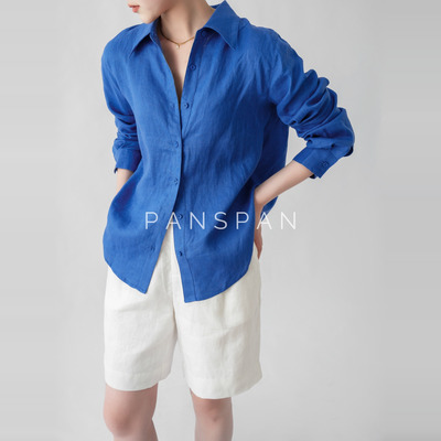PAN夏季高定版新款重磅酵洗亚麻长袖包扣衬衣亚麻短裤套装精致